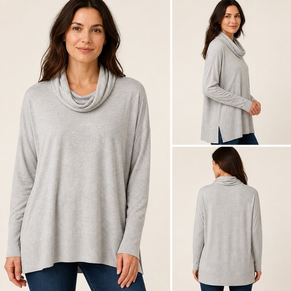 Garnet Hill Cowl-Neck Knit Tunic Heathered Gray Large Long Sleeve Relaxed Top